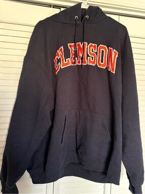 Champion Navy Hooded Sweatshirt with Orange Clemson Arch